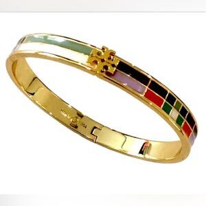 TORY BURCH MULTICOLORED LACQUERED ENAMEL LOGO BRACELET
